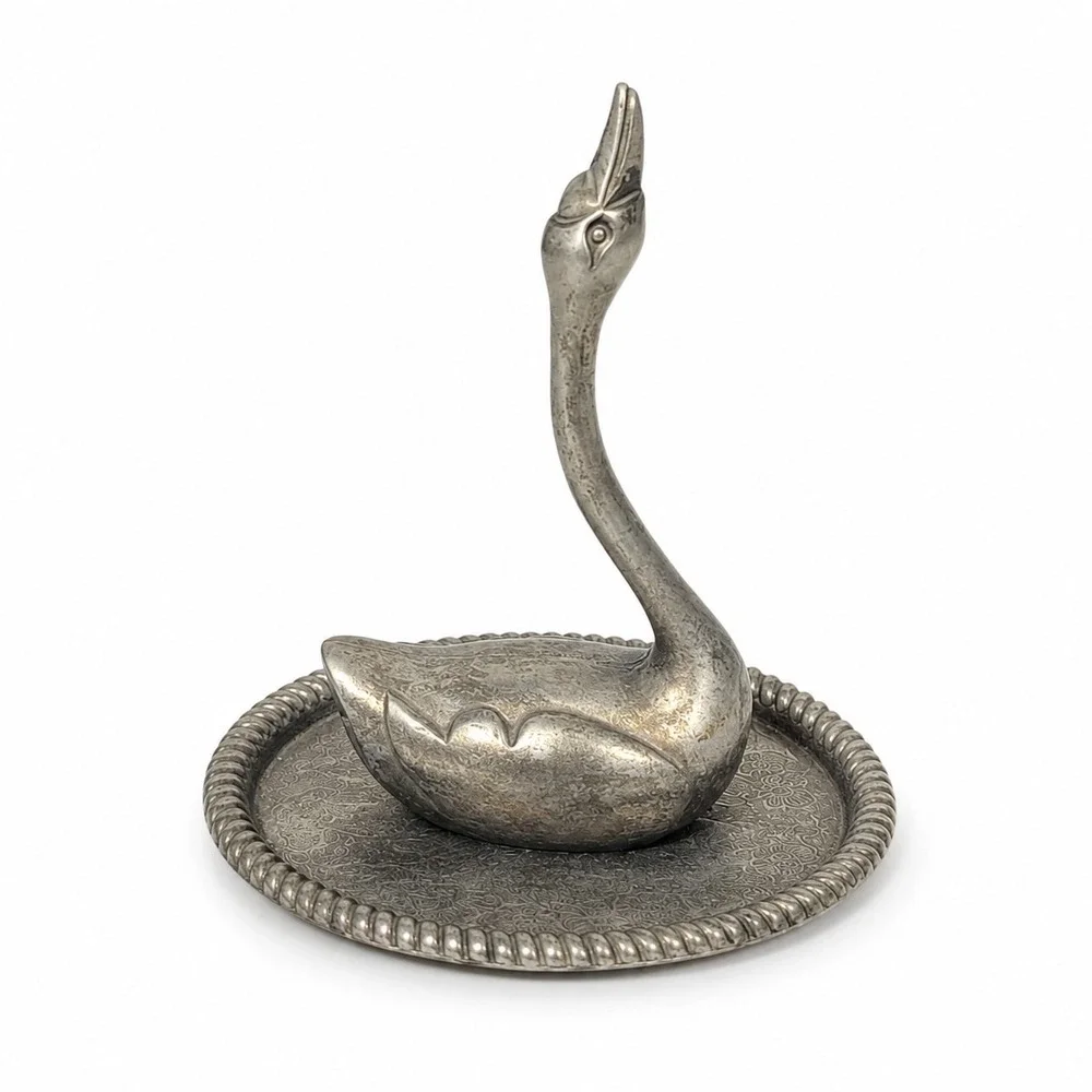 Vintage Silver Plated Swan Ring Holder Trinket Dish Hong Kong Jewelry Stand